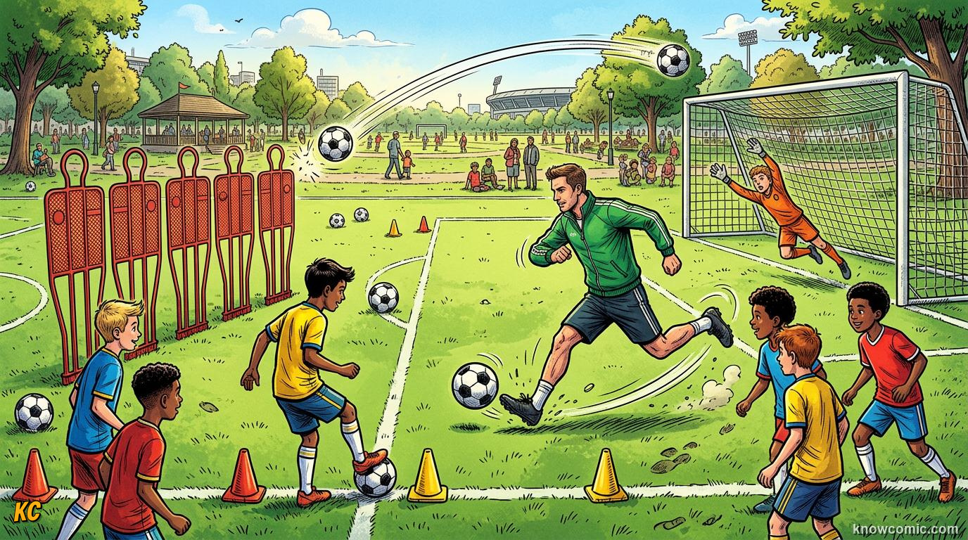 Comic panel titled how specialists practise, labelled train the curl, from the KnowComic World Cup 2026 lesson on free kick curlers