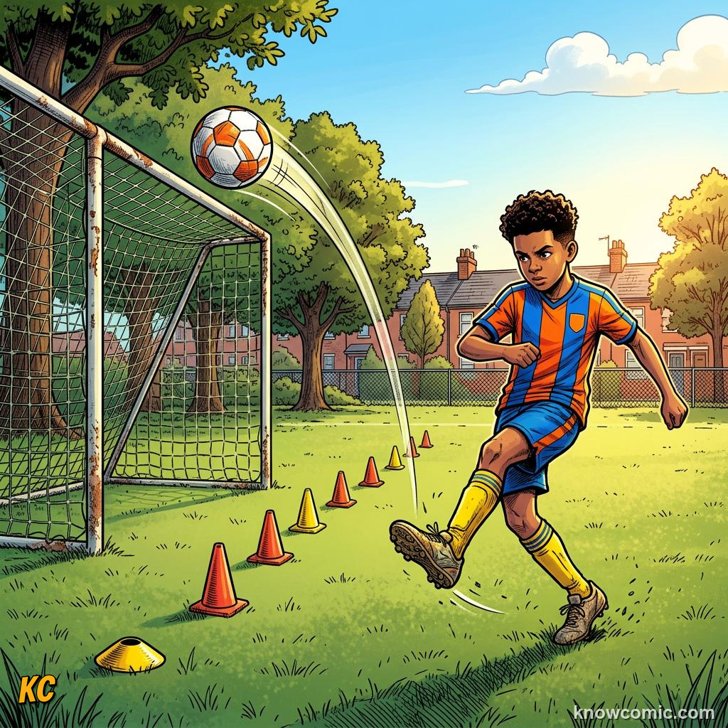 Comic panel labelled solo session, illustrating free kick curlers in KnowComic's World Cup 2026 series