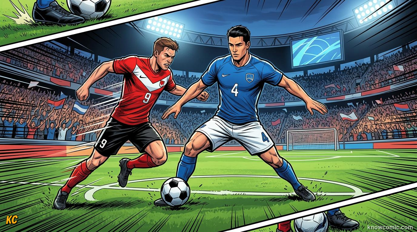 Comic panel titled what is defending, labelled shield the goal, from the KnowComic World Cup 2026 lesson on defending masterclass