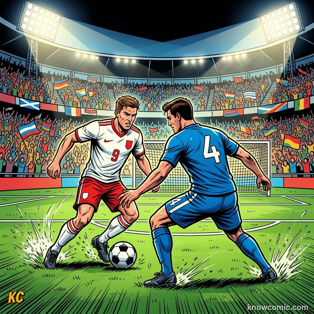 Comic panel titled clean tackles ball first, labelled goal-side, from the KnowComic World Cup 2026 lesson on defending masterclass