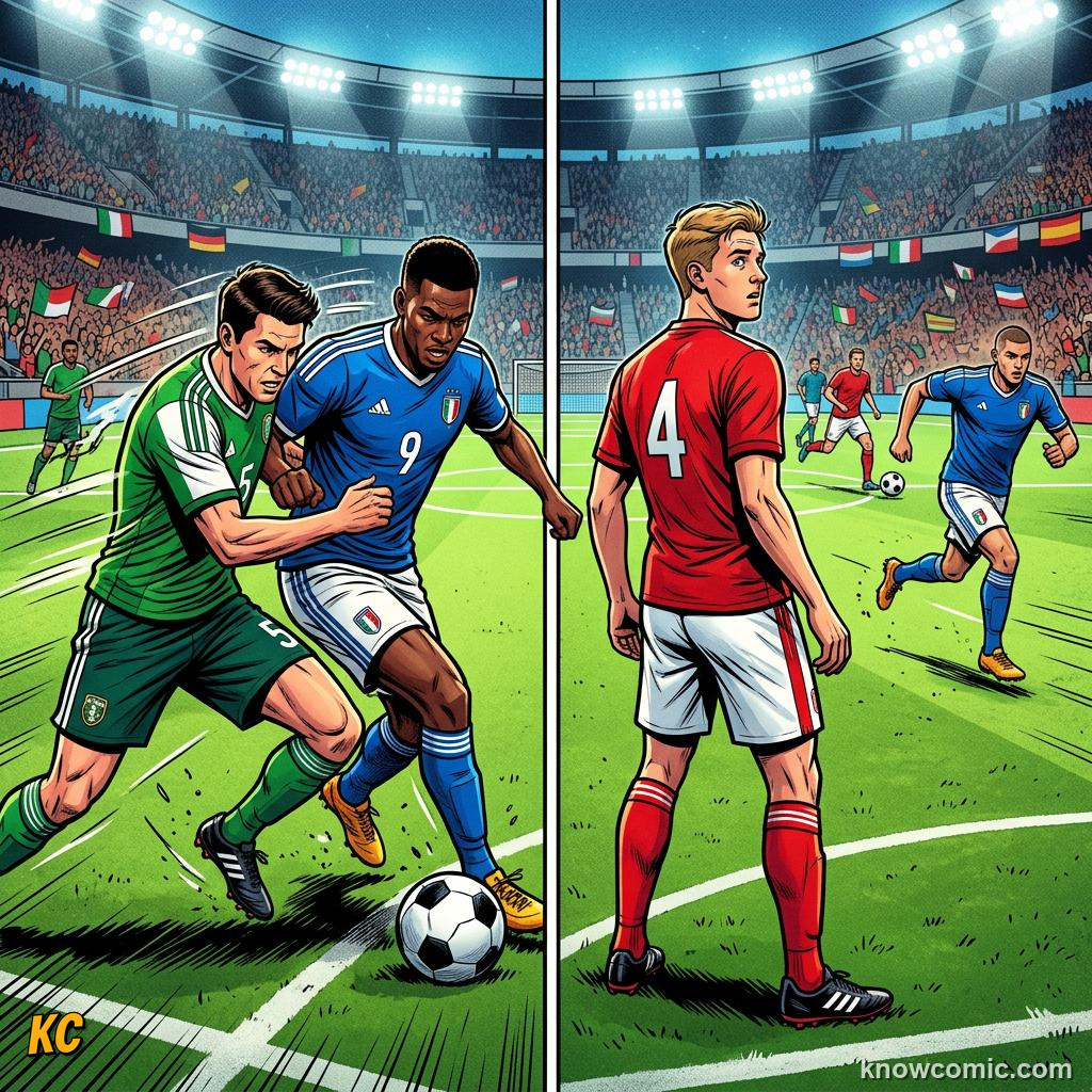 Comic panel titled clean tackles ball first, labelled good vs bad, from the KnowComic World Cup 2026 lesson on defending masterclass