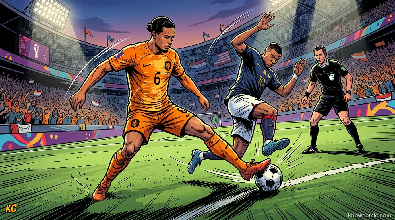 Comic panel titled clean tackles ball first, labelled win the ball, from the KnowComic World Cup 2026 lesson on defending masterclass
