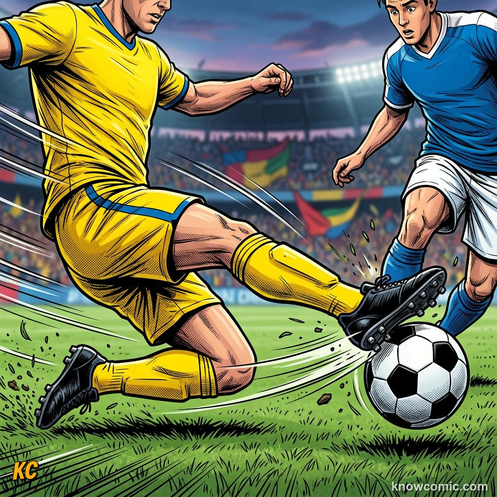 Comic panel titled interceptions read the pass, labelled slide tackle, from the KnowComic World Cup 2026 lesson on defending masterclass