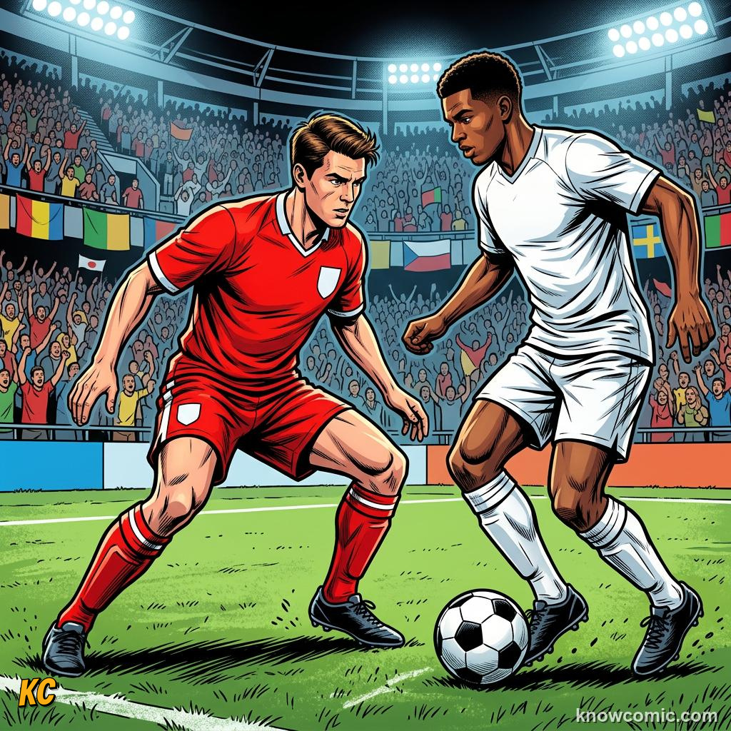 Comic panel titled interceptions read the pass, labelled jockey, from the KnowComic World Cup 2026 lesson on defending masterclass