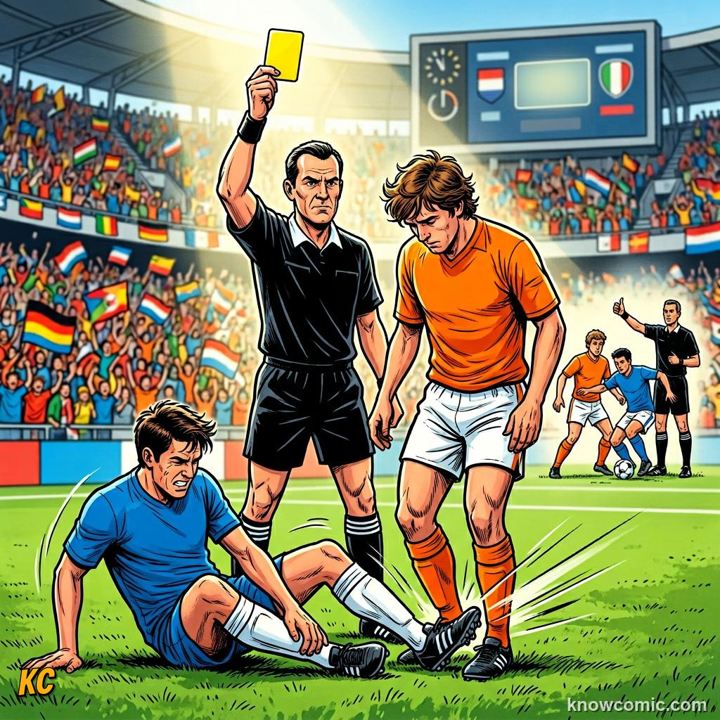 Comic panel titled interceptions read the pass, labelled foul, from the KnowComic World Cup 2026 lesson on defending masterclass