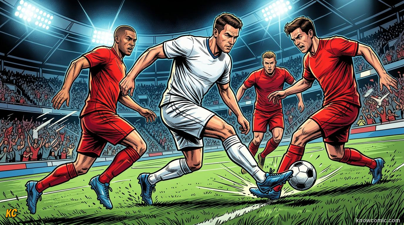 Comic panel titled interceptions read the pass, labelled cut it out, from the KnowComic World Cup 2026 lesson on defending masterclass
