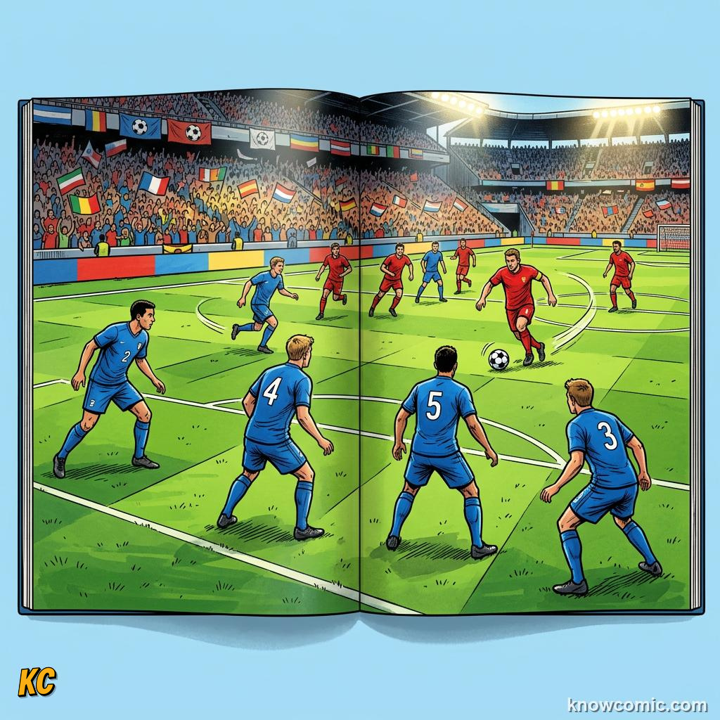 Comic panel titled interceptions read the pass, labelled zonal mark, from the KnowComic World Cup 2026 lesson on defending masterclass