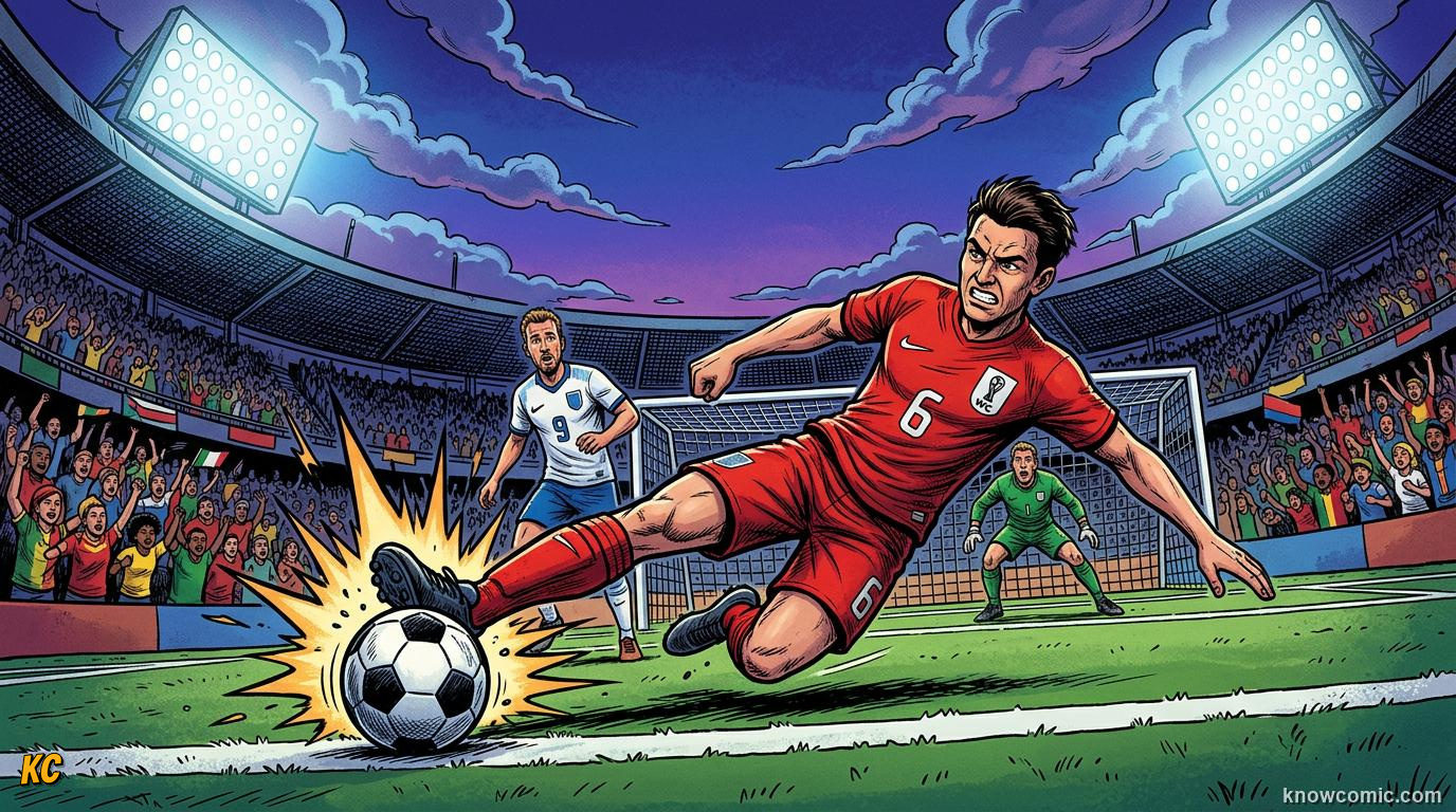 Comic panel titled reading the attacker's mind, labelled think ahead, from the KnowComic World Cup 2026 lesson on defending masterclass