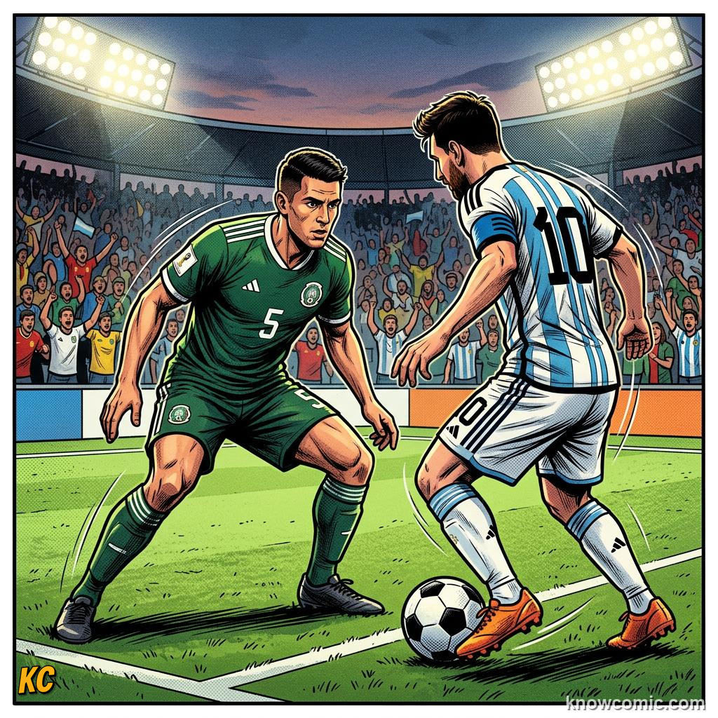 Comic panel titled how coaches build defenders, labelled read hips, from the KnowComic World Cup 2026 lesson on defending masterclass