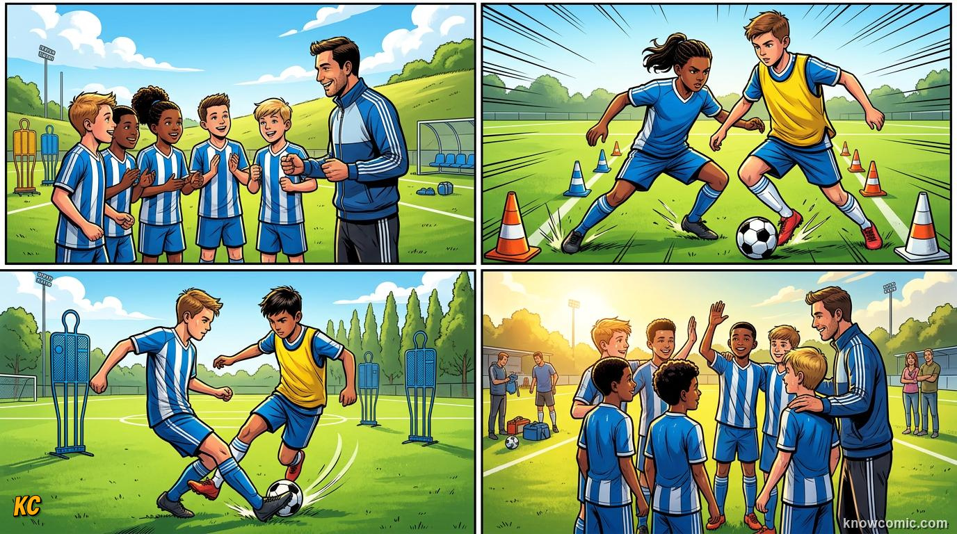 Comic panel titled how coaches build defenders, labelled train to defend, from the KnowComic World Cup 2026 lesson on defending masterclass