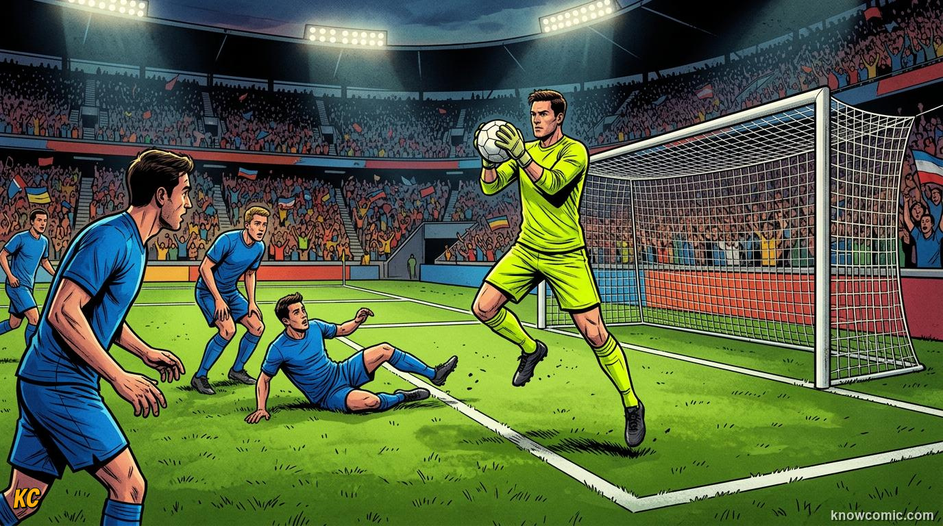 Comic panel titled why keepers are different, labelled only the keeper, from the KnowComic World Cup 2026 lesson on goalkeeping: the last line