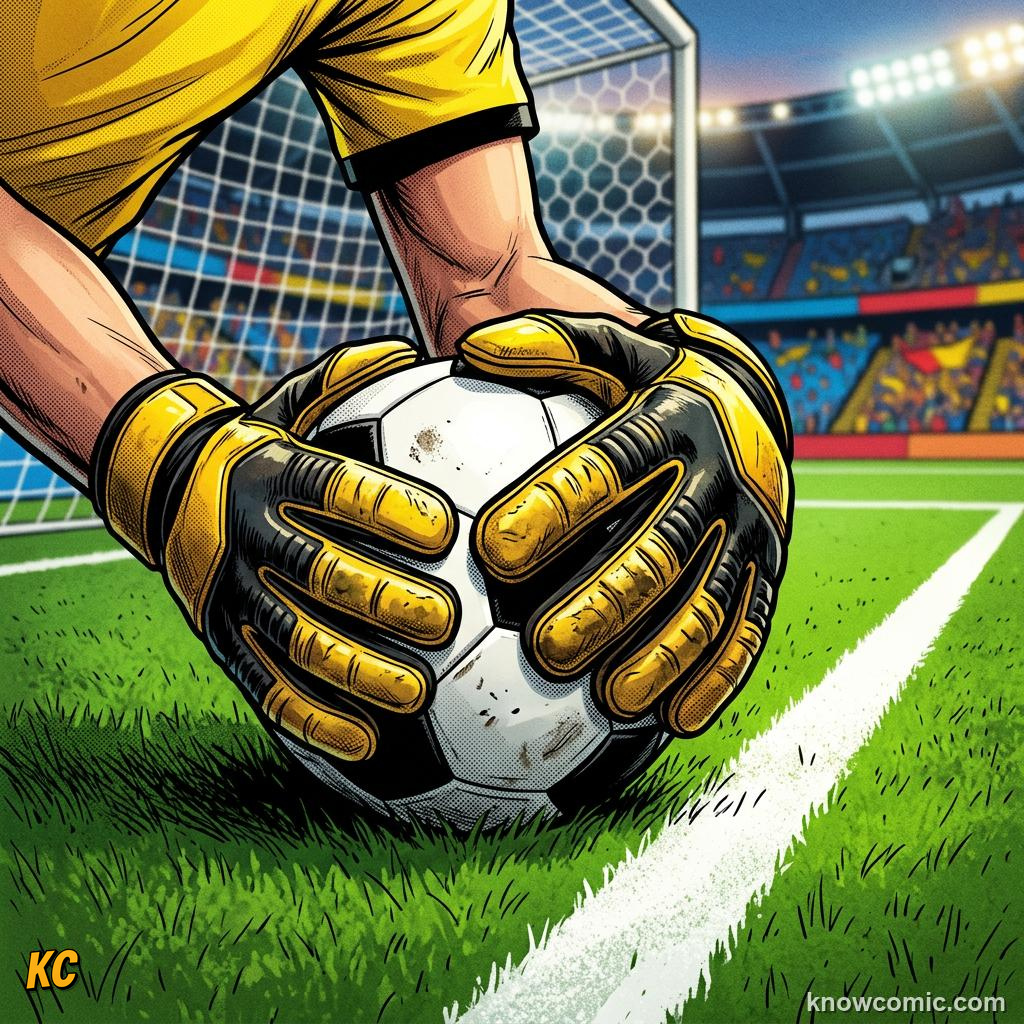 Comic panel titled the art of the diving save, labelled in the box, from the KnowComic World Cup 2026 lesson on goalkeeping: the last line