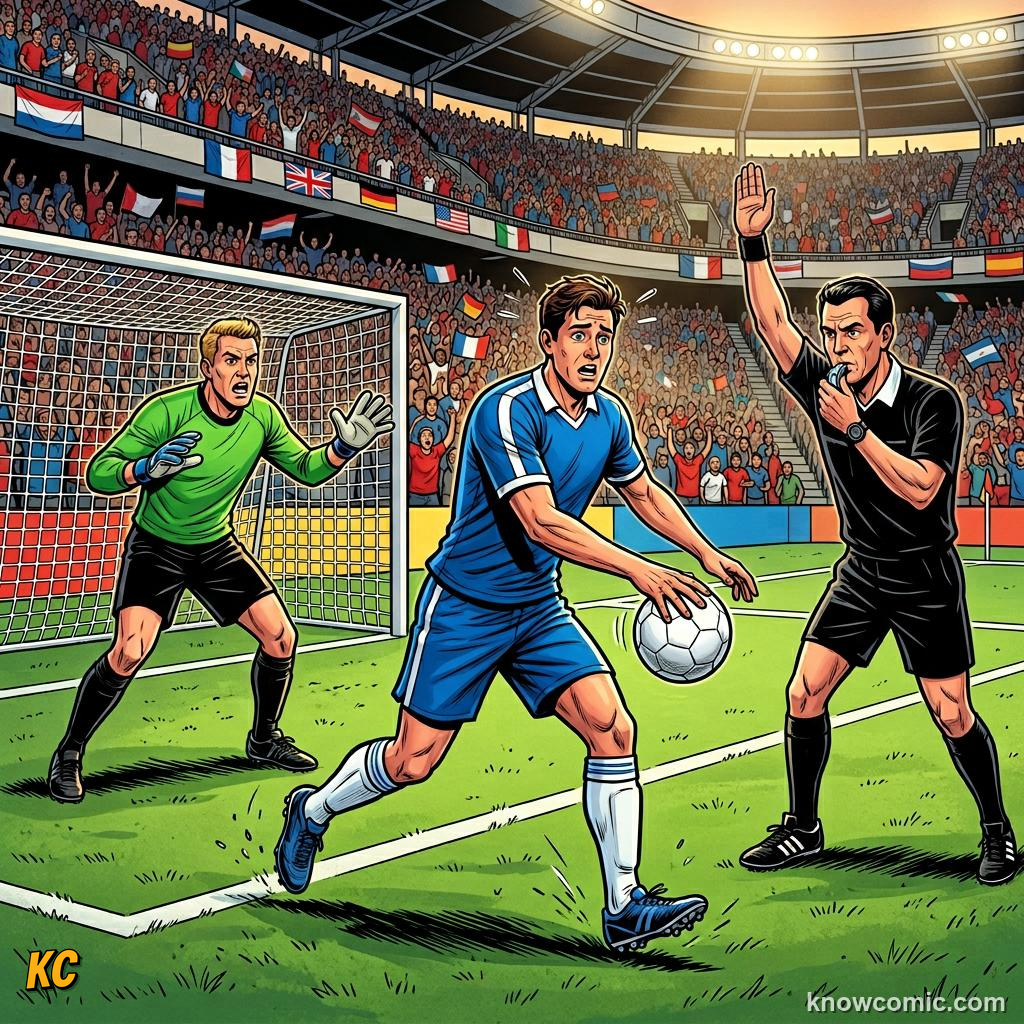 Comic panel titled the art of the diving save, labelled outside box, from the KnowComic World Cup 2026 lesson on goalkeeping: the last line