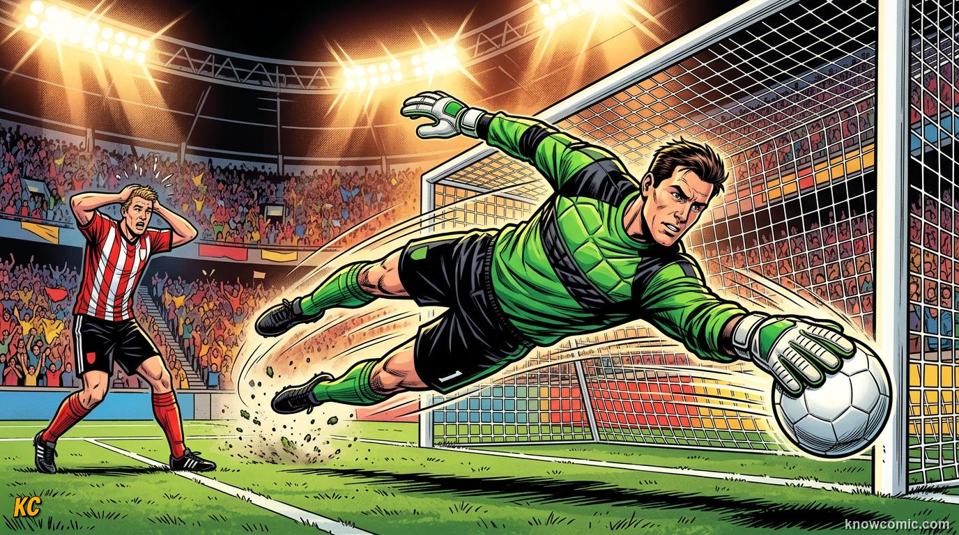 Comic panel titled the art of the diving save, labelled fly and stop it, from the KnowComic World Cup 2026 lesson on goalkeeping: the last line