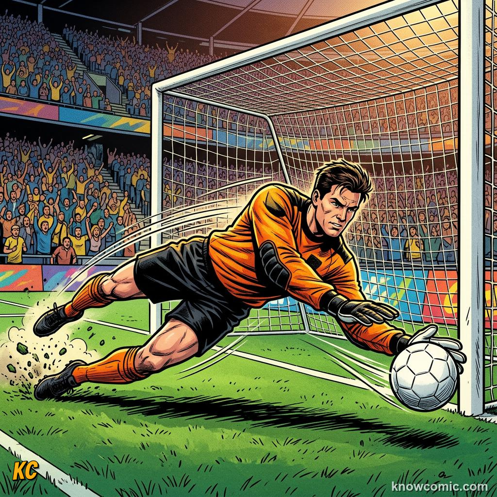 Comic panel titled smart positioning wins saves, labelled low dive, from the KnowComic World Cup 2026 lesson on goalkeeping: the last line