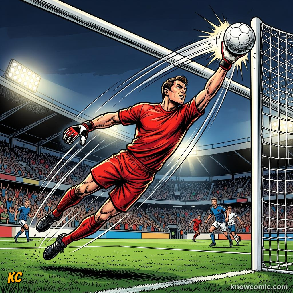 Comic panel titled smart positioning wins saves, labelled high dive, from the KnowComic World Cup 2026 lesson on goalkeeping: the last line