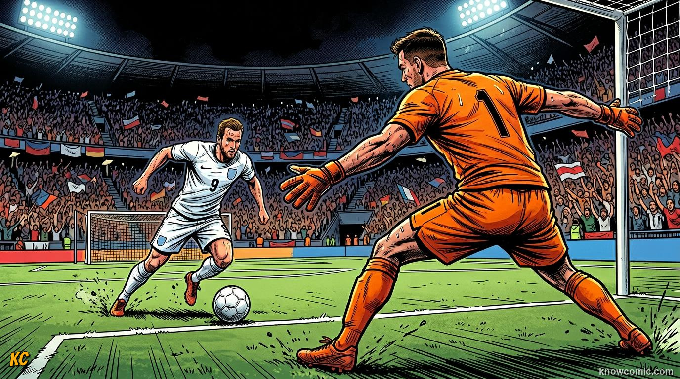 Comic panel titled smart positioning wins saves, labelled cut the angle, from the KnowComic World Cup 2026 lesson on goalkeeping: the last line