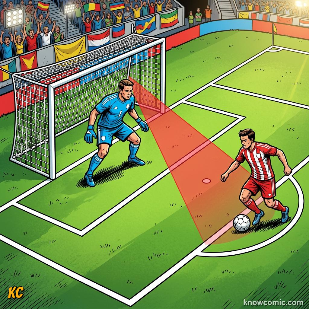 Comic panel titled smart positioning wins saves, labelled narrow it, from the KnowComic World Cup 2026 lesson on goalkeeping: the last line