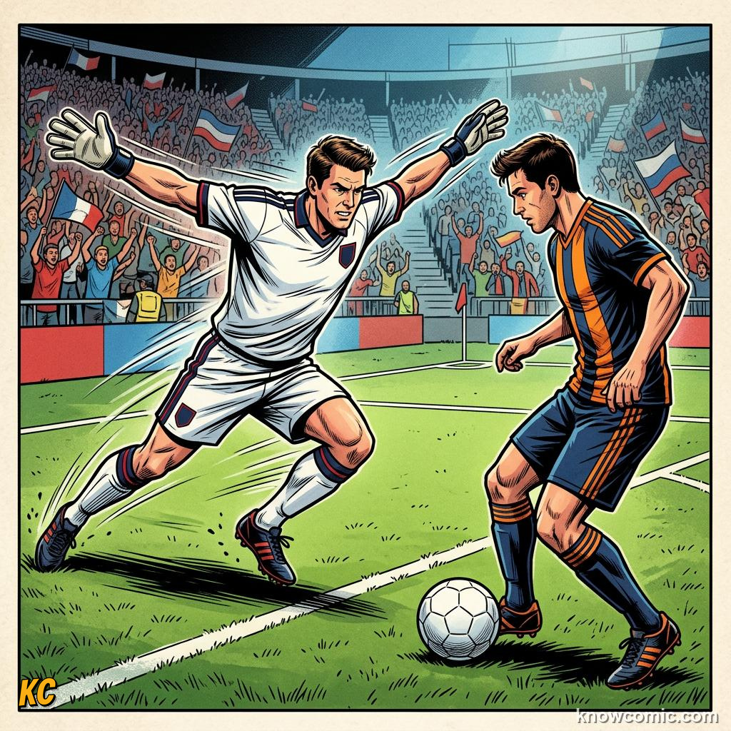 Comic panel titled smart positioning wins saves, labelled on the line, from the KnowComic World Cup 2026 lesson on goalkeeping: the last line