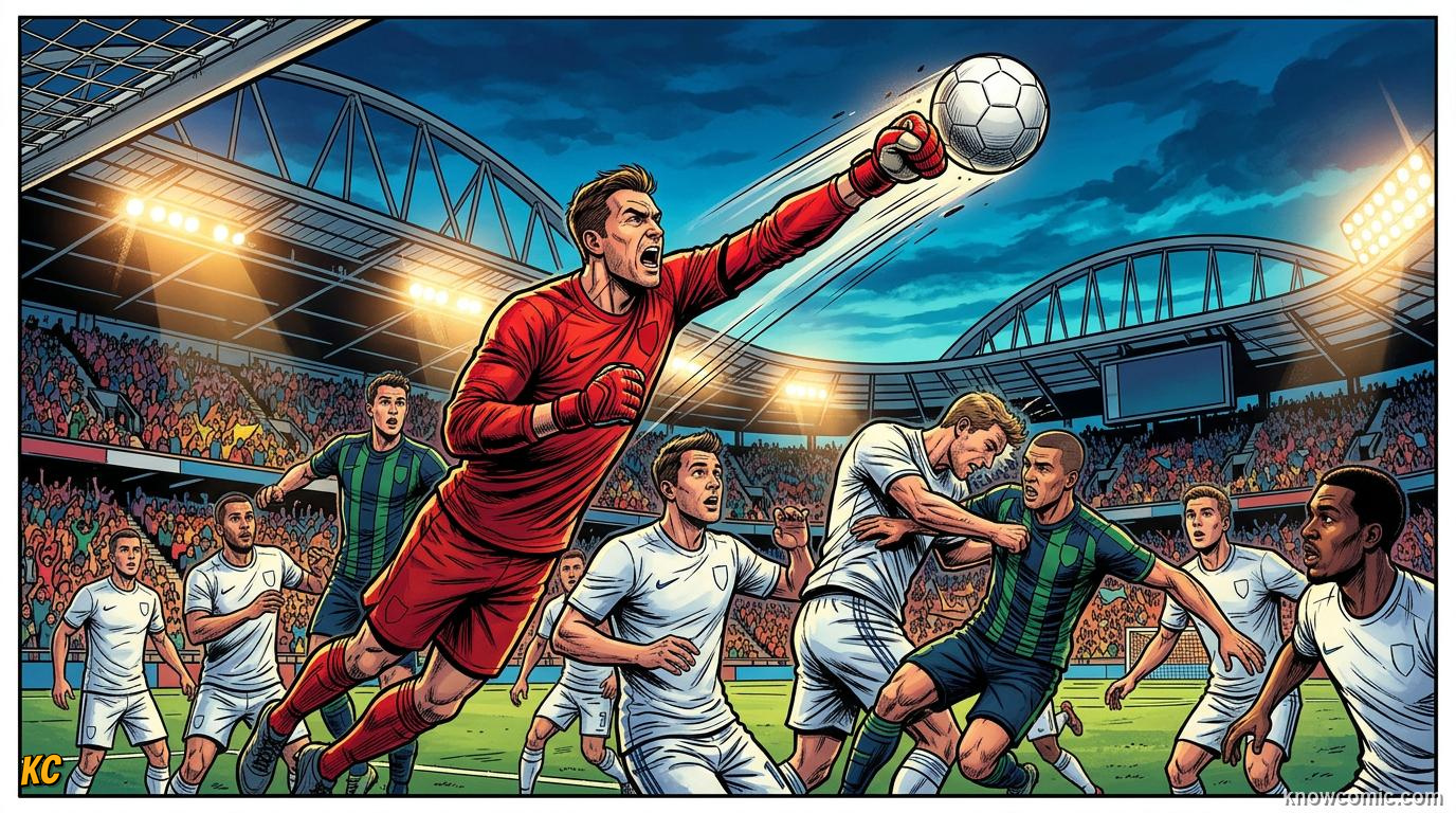 Comic panel titled the keeper leads from the back, labelled voice of the team, from the KnowComic World Cup 2026 lesson on goalkeeping: the last line