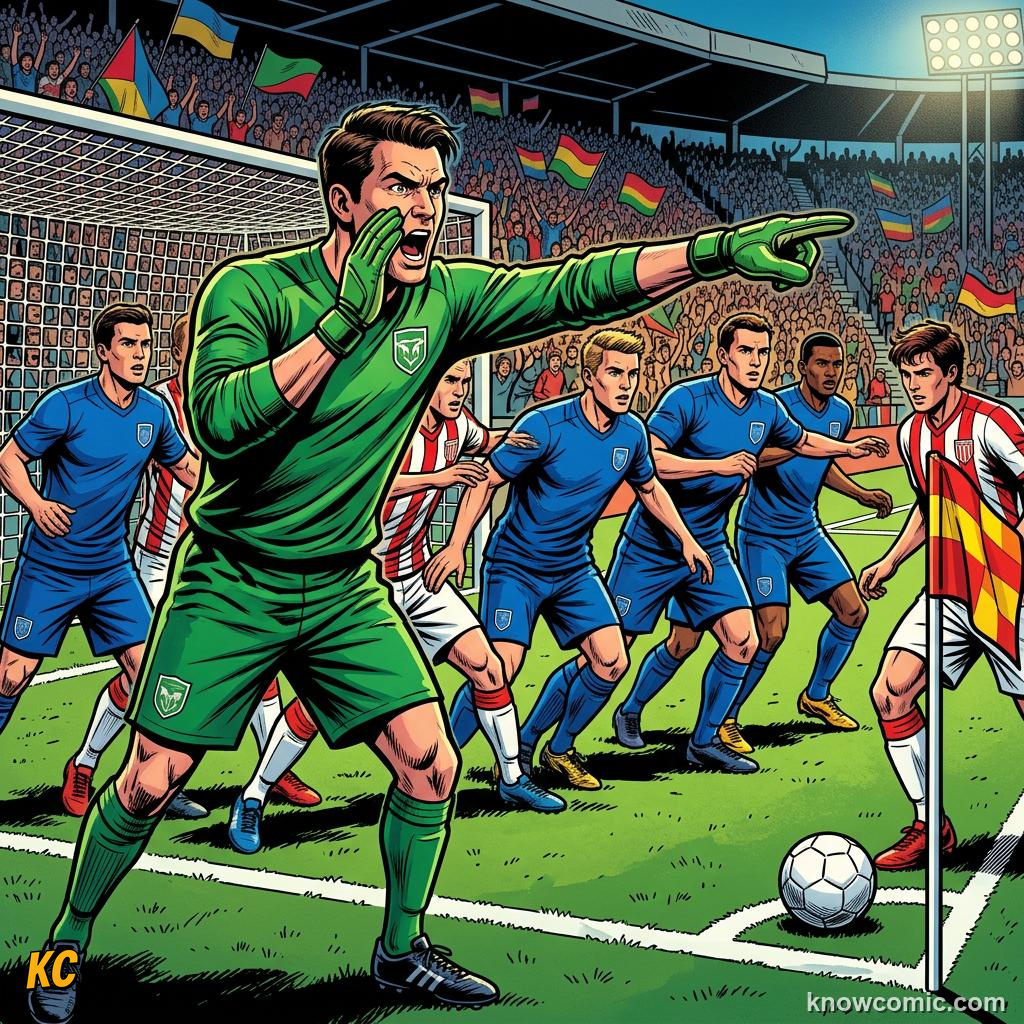 Comic panel titled distribution the first pass, labelled shout loud, from the KnowComic World Cup 2026 lesson on goalkeeping: the last line