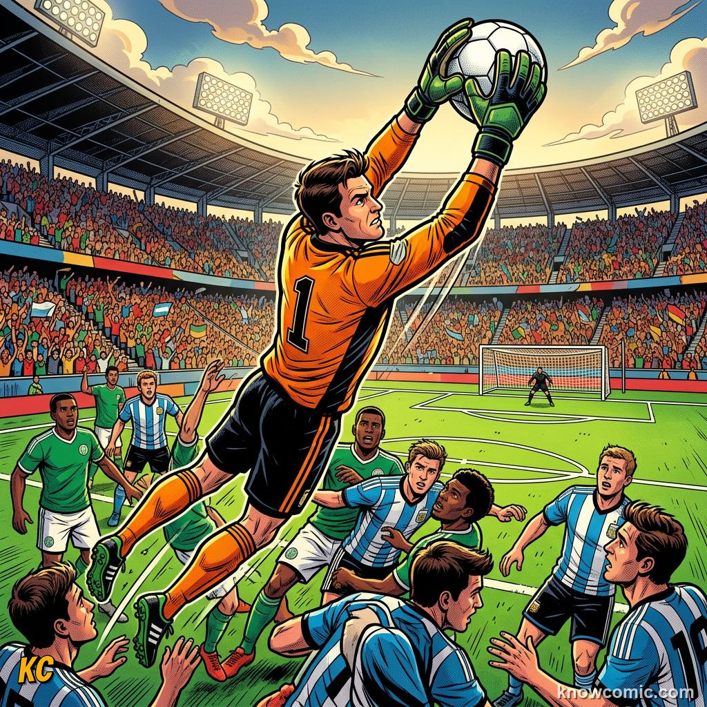 Comic panel titled distribution the first pass, labelled rush out, from the KnowComic World Cup 2026 lesson on goalkeeping: the last line