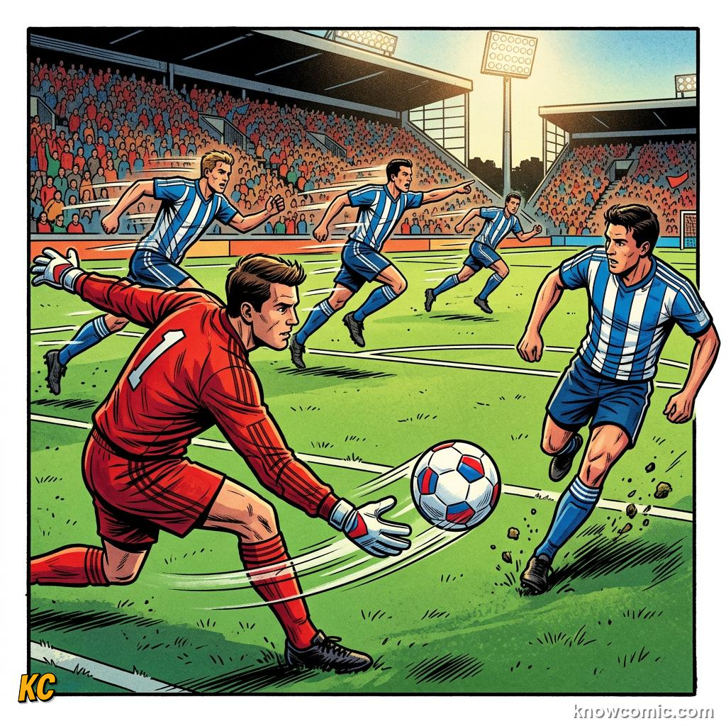 Comic panel titled distribution the first pass, labelled set pieces, from the KnowComic World Cup 2026 lesson on goalkeeping: the last line