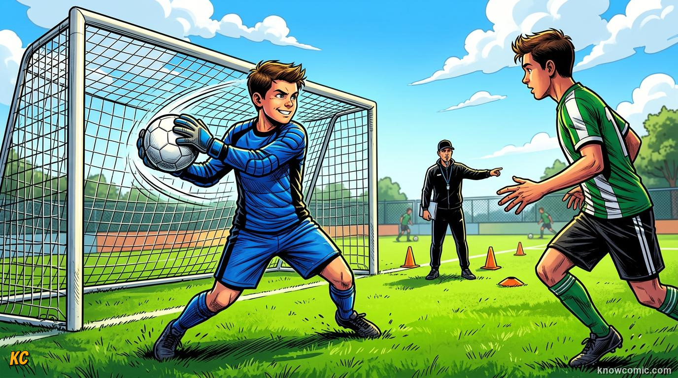 Comic panel titled distribution the first pass, labelled start the attack, from the KnowComic World Cup 2026 lesson on goalkeeping: the last line