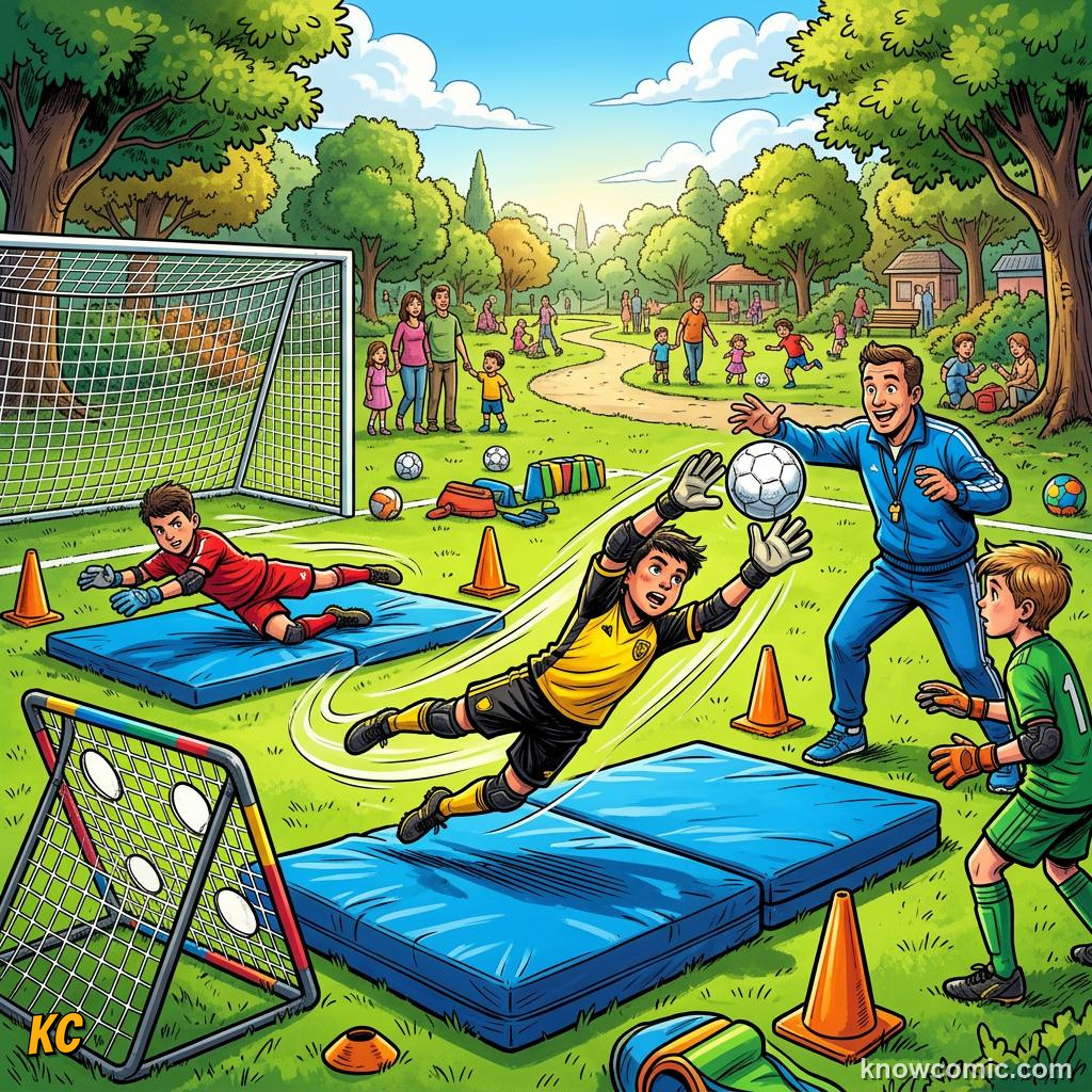 Comic panel labelled distribution drill, illustrating goalkeeping: the last line in KnowComic's World Cup 2026 series