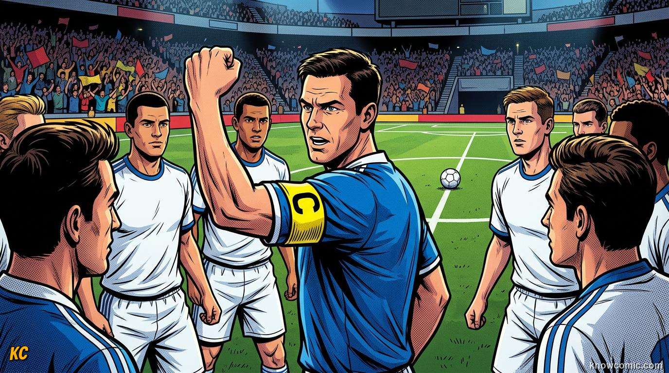Comic panel titled what is the captain's armband, labelled wear the band, from the KnowComic World Cup 2026 lesson on the captain's armband