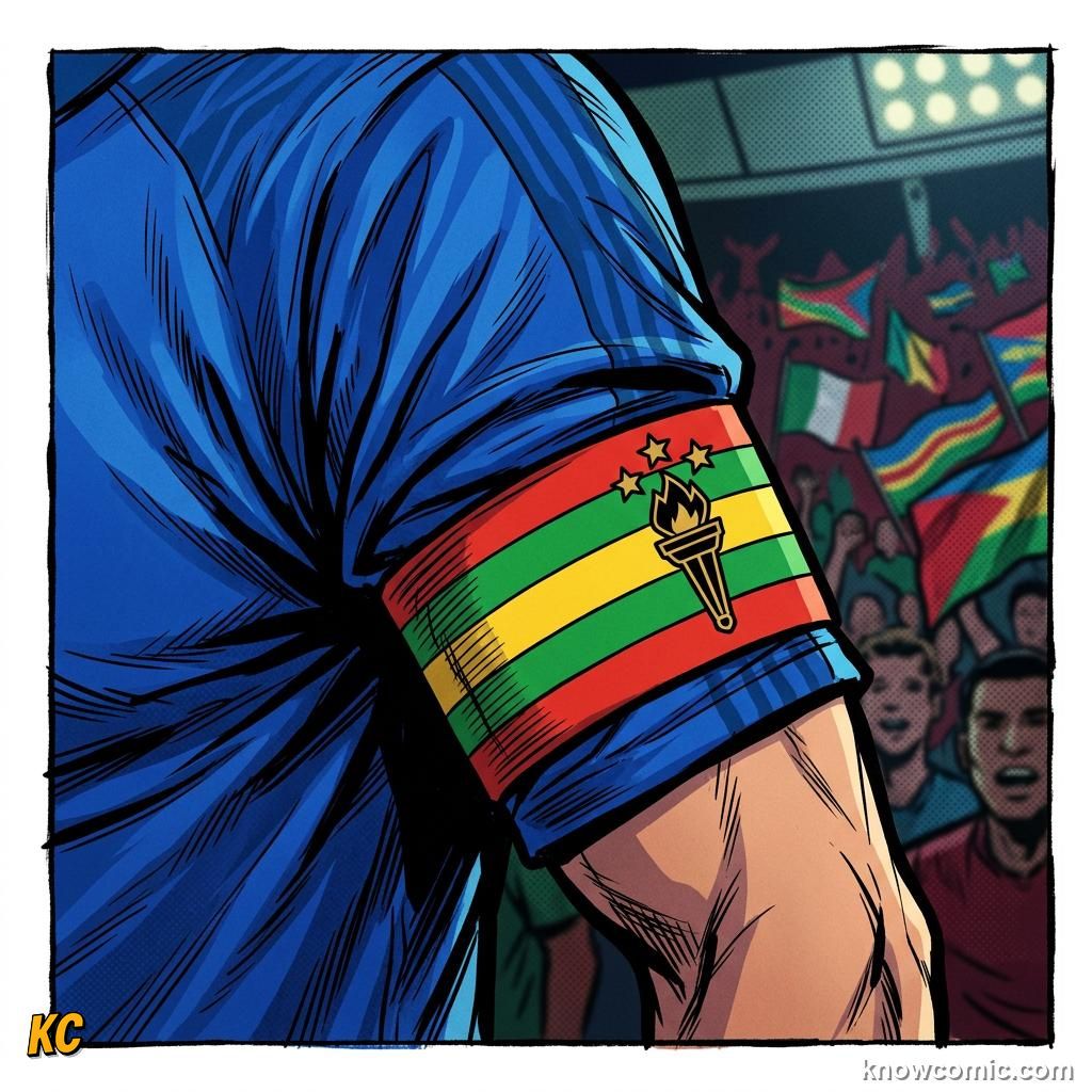 Comic panel titled what captains do during play, labelled left arm, from the KnowComic World Cup 2026 lesson on the captain's armband
