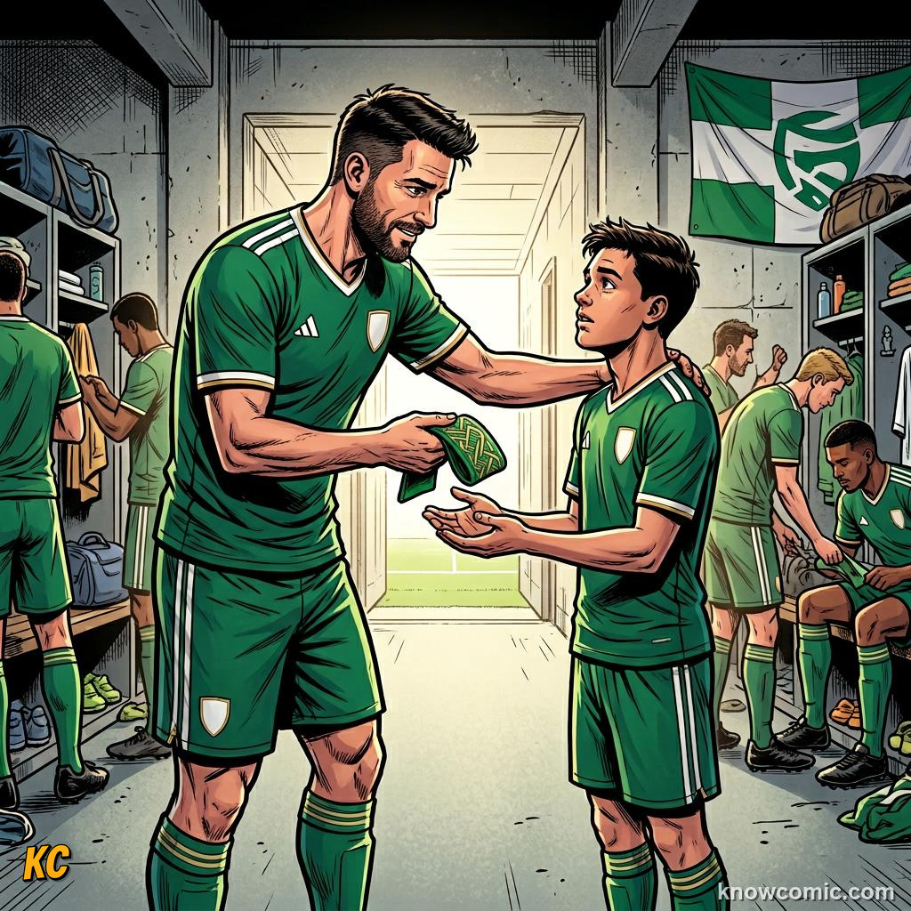 Comic panel titled what captains do during play, labelled chosen leader, from the KnowComic World Cup 2026 lesson on the captain's armband
