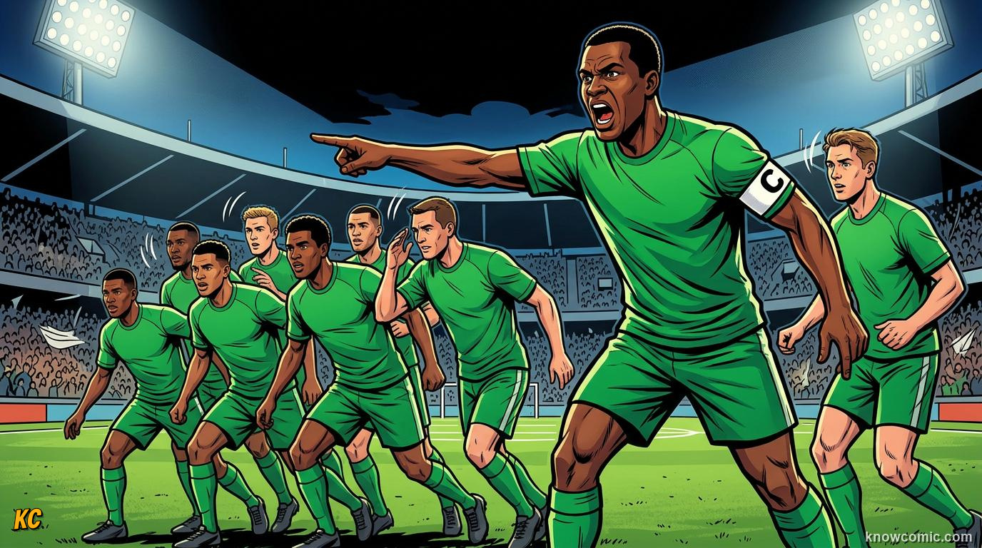 Comic panel titled what captains do during play, labelled organise the team, from the KnowComic World Cup 2026 lesson on the captain's armband