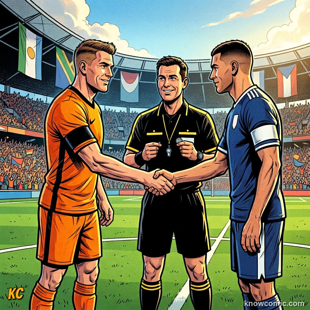 Comic panel titled leadership when it hurts, labelled talk to ref, from the KnowComic World Cup 2026 lesson on the captain's armband