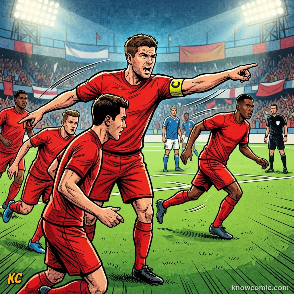 Comic panel titled leadership when it hurts, labelled shout orders, from the KnowComic World Cup 2026 lesson on the captain's armband