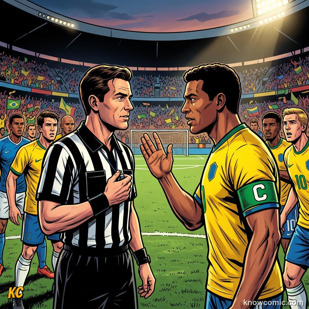 Comic panel titled leadership when it hurts, labelled half-time, from the KnowComic World Cup 2026 lesson on the captain's armband