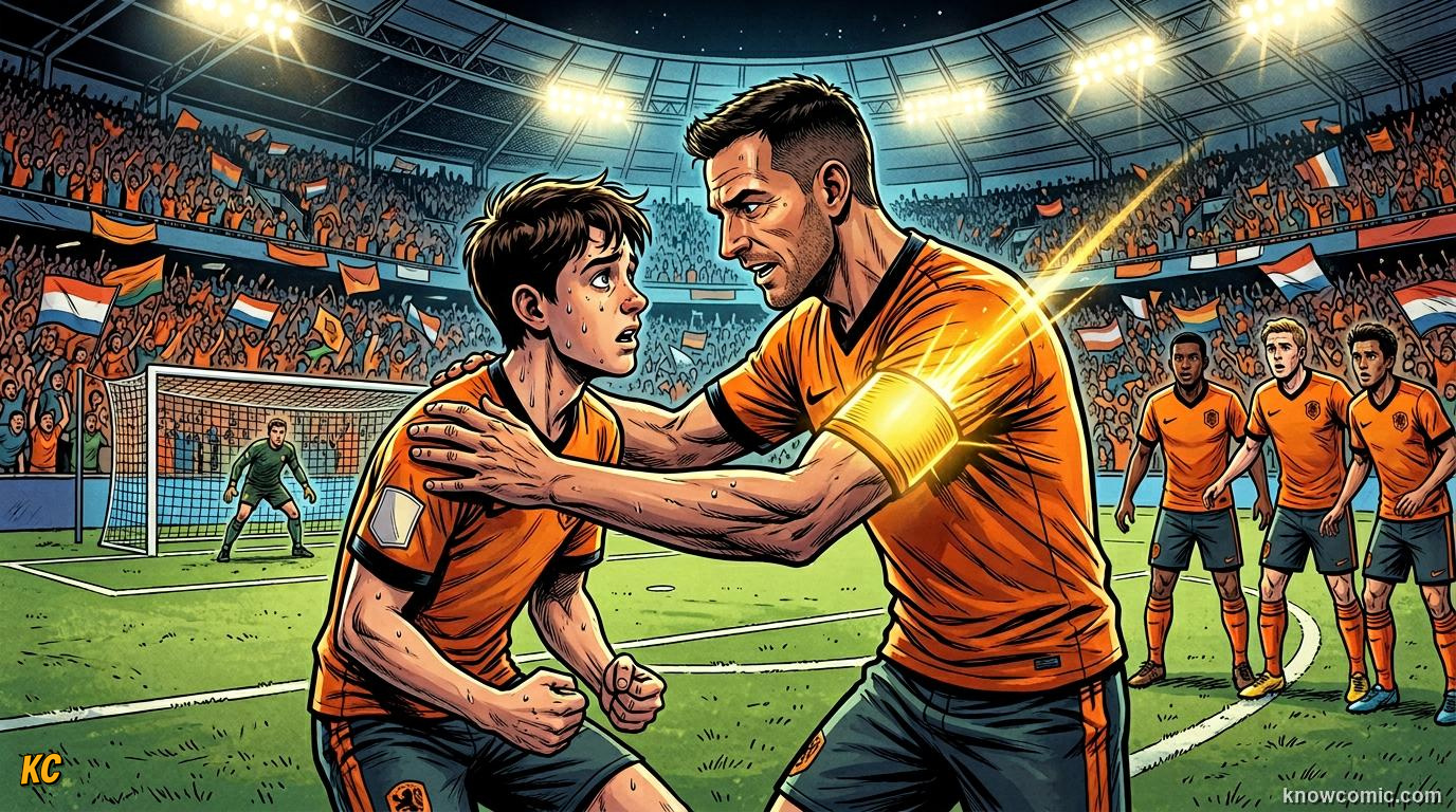 Comic panel titled leadership when it hurts, labelled steady nerves, from the KnowComic World Cup 2026 lesson on the captain's armband