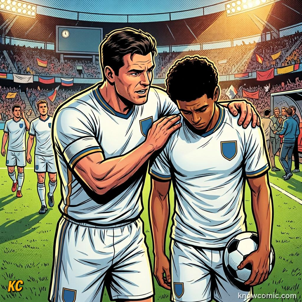 Comic panel titled leadership when it hurts, labelled deep breath, from the KnowComic World Cup 2026 lesson on the captain's armband