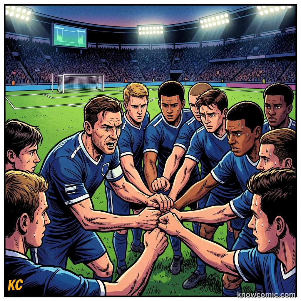 Comic panel titled leadership when it hurts, labelled penalties, from the KnowComic World Cup 2026 lesson on the captain's armband