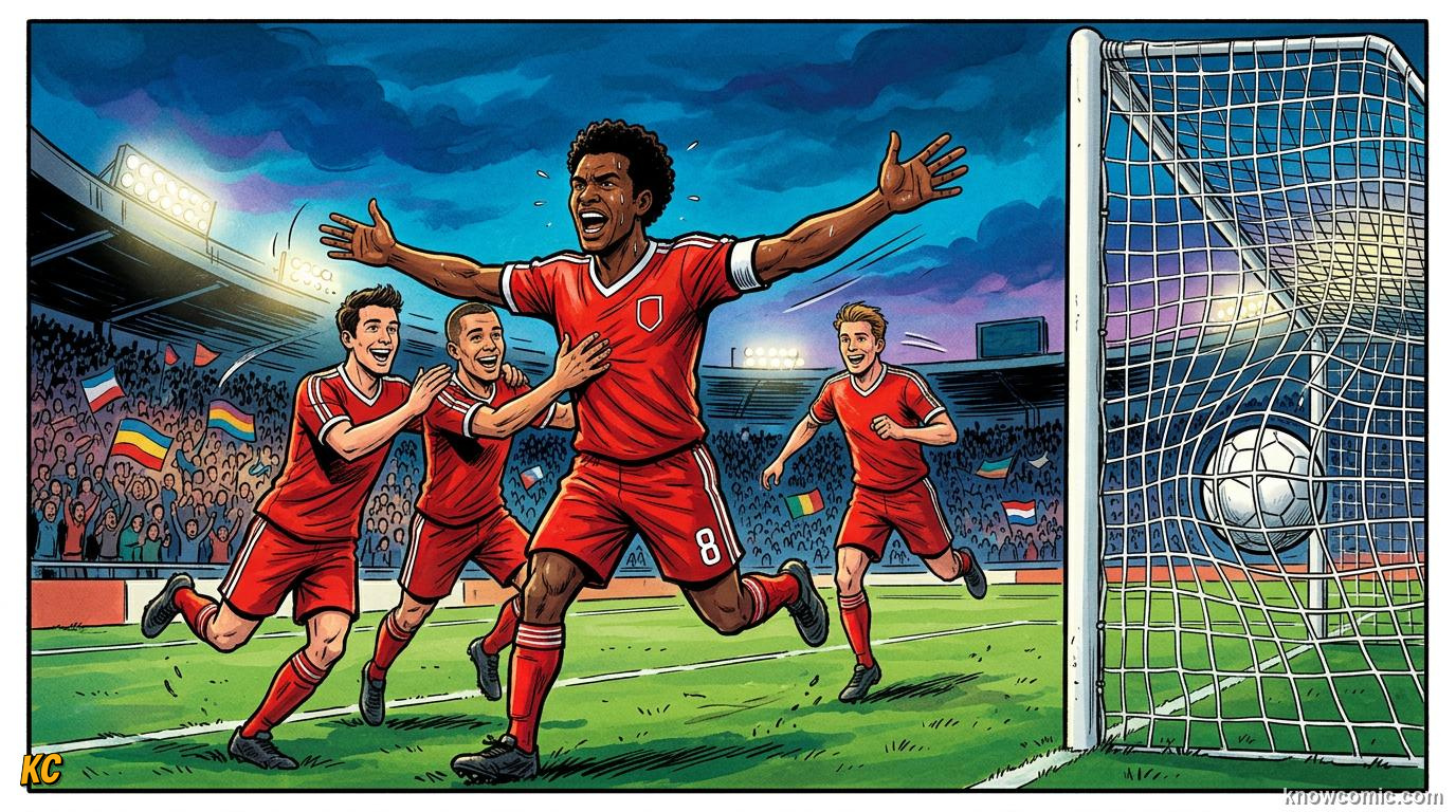 Comic panel titled inspiring when the team needs it, labelled raise spirits, from the KnowComic World Cup 2026 lesson on the captain's armband