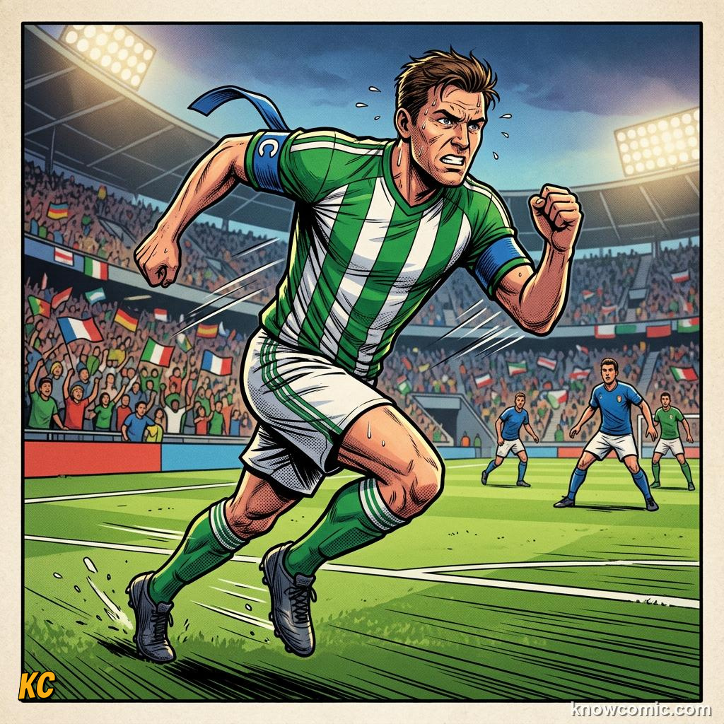 Comic panel titled the moment every captain dreams of, labelled never give up, from the KnowComic World Cup 2026 lesson on the captain's armband