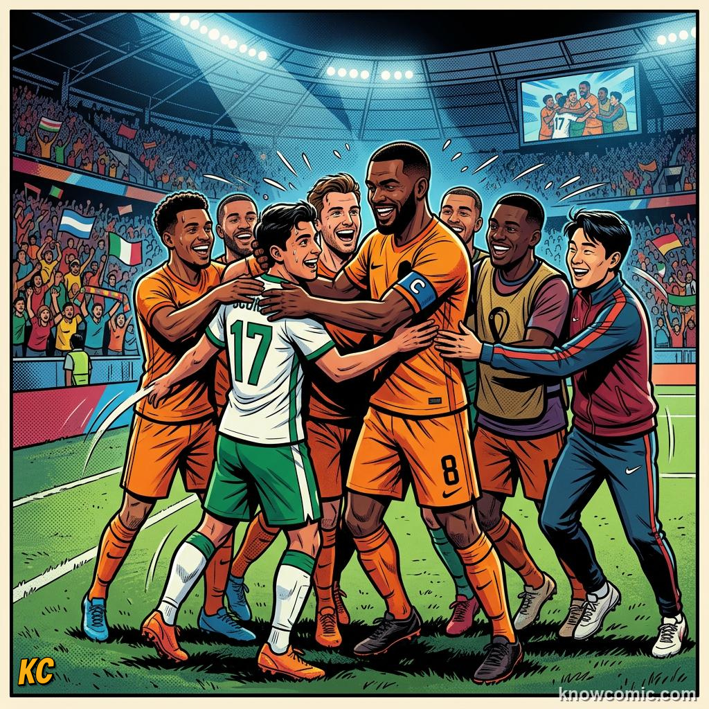 Comic panel titled the moment every captain dreams of, labelled lift others, from the KnowComic World Cup 2026 lesson on the captain's armband