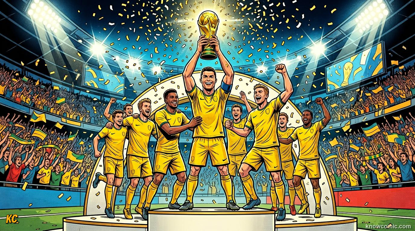 Comic panel titled the moment every captain dreams of, labelled world cup glory, from the KnowComic World Cup 2026 lesson on the captain's armband