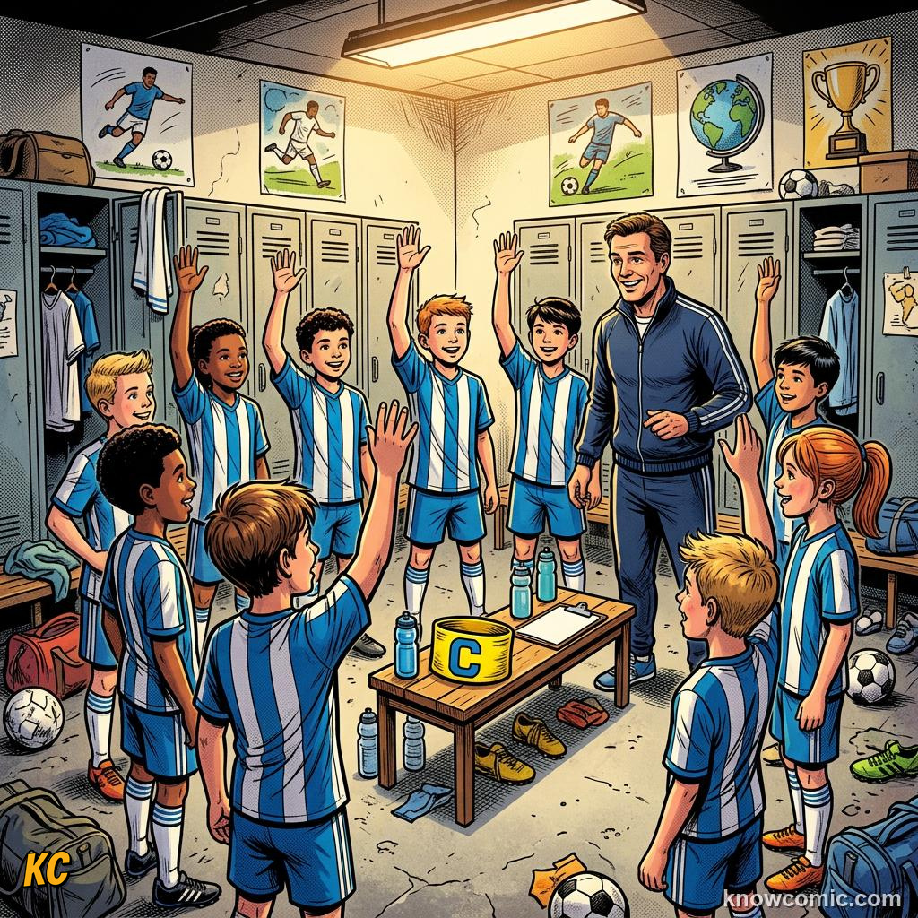 Comic panel labelled podium moment, illustrating the captain's armband in KnowComic's World Cup 2026 series