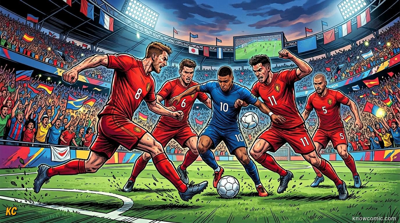 Comic panel titled what is pressing, labelled hunt the ball, from the KnowComic World Cup 2026 lesson on pressing: hunting in packs