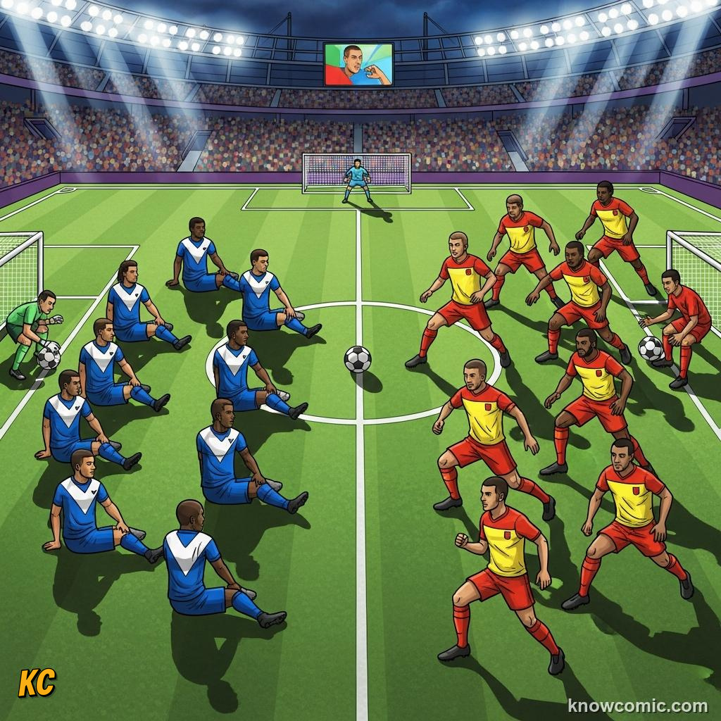 Comic panel titled high press and gegenpressing, labelled high vs low, from the KnowComic World Cup 2026 lesson on pressing: hunting in packs