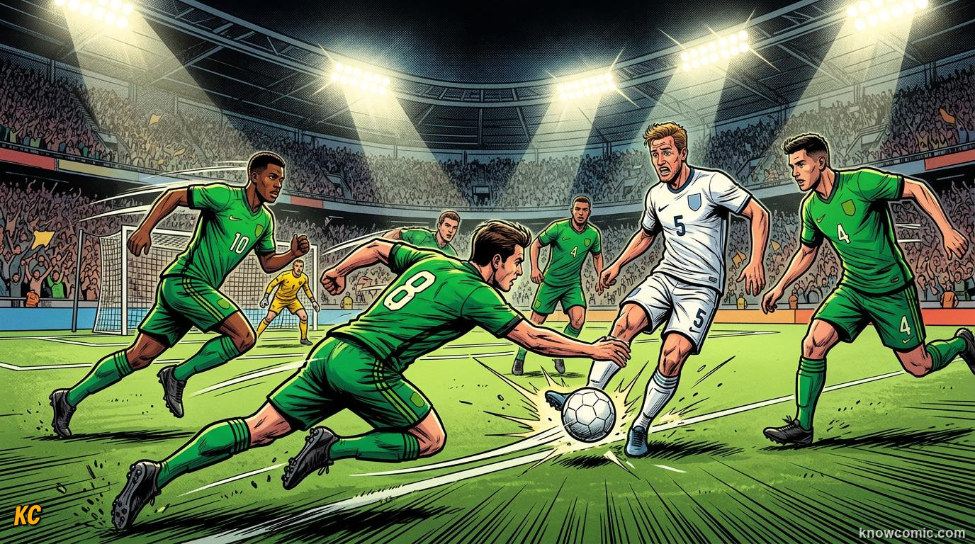 Comic panel titled high press and gegenpressing, labelled strike early, from the KnowComic World Cup 2026 lesson on pressing: hunting in packs