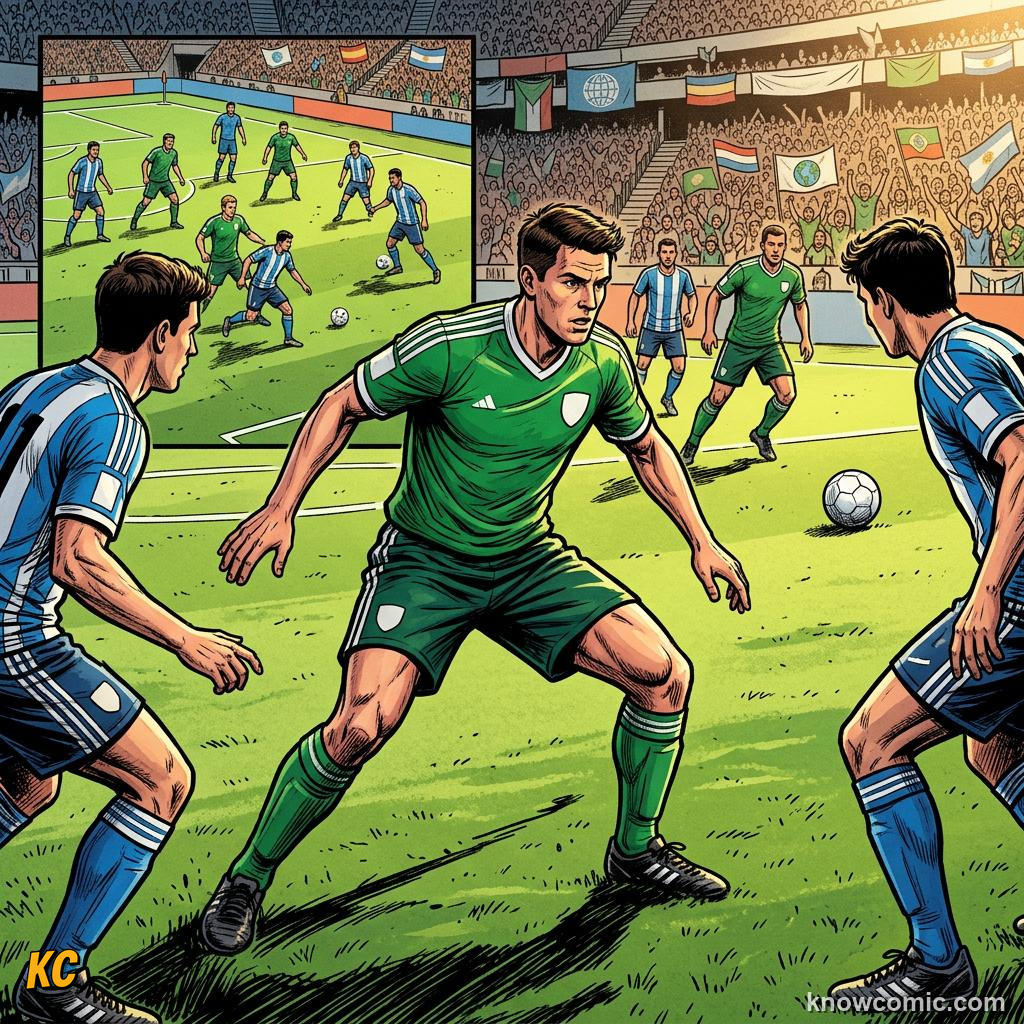 Comic panel titled pressing traps close the doors, labelled trigger, from the KnowComic World Cup 2026 lesson on pressing: hunting in packs