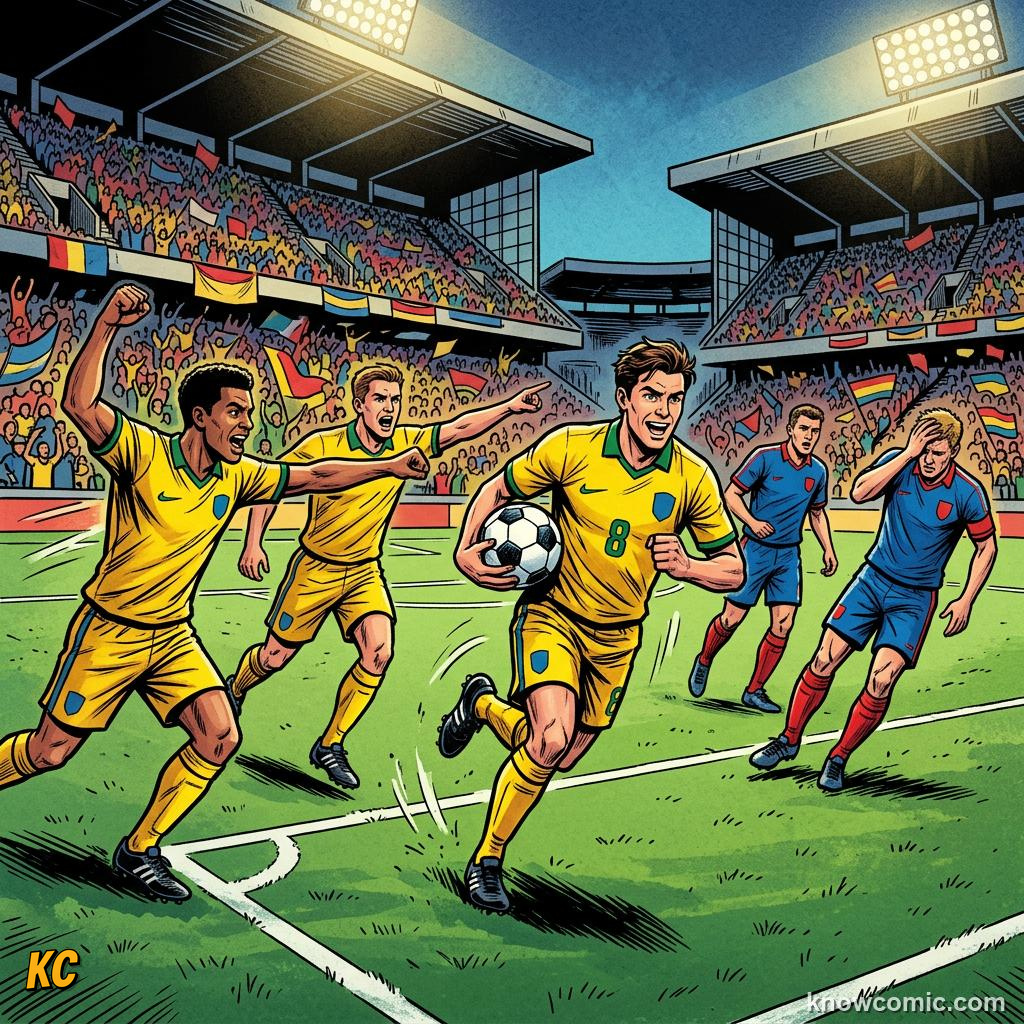 Comic panel titled pressing traps close the doors, labelled high line, from the KnowComic World Cup 2026 lesson on pressing: hunting in packs