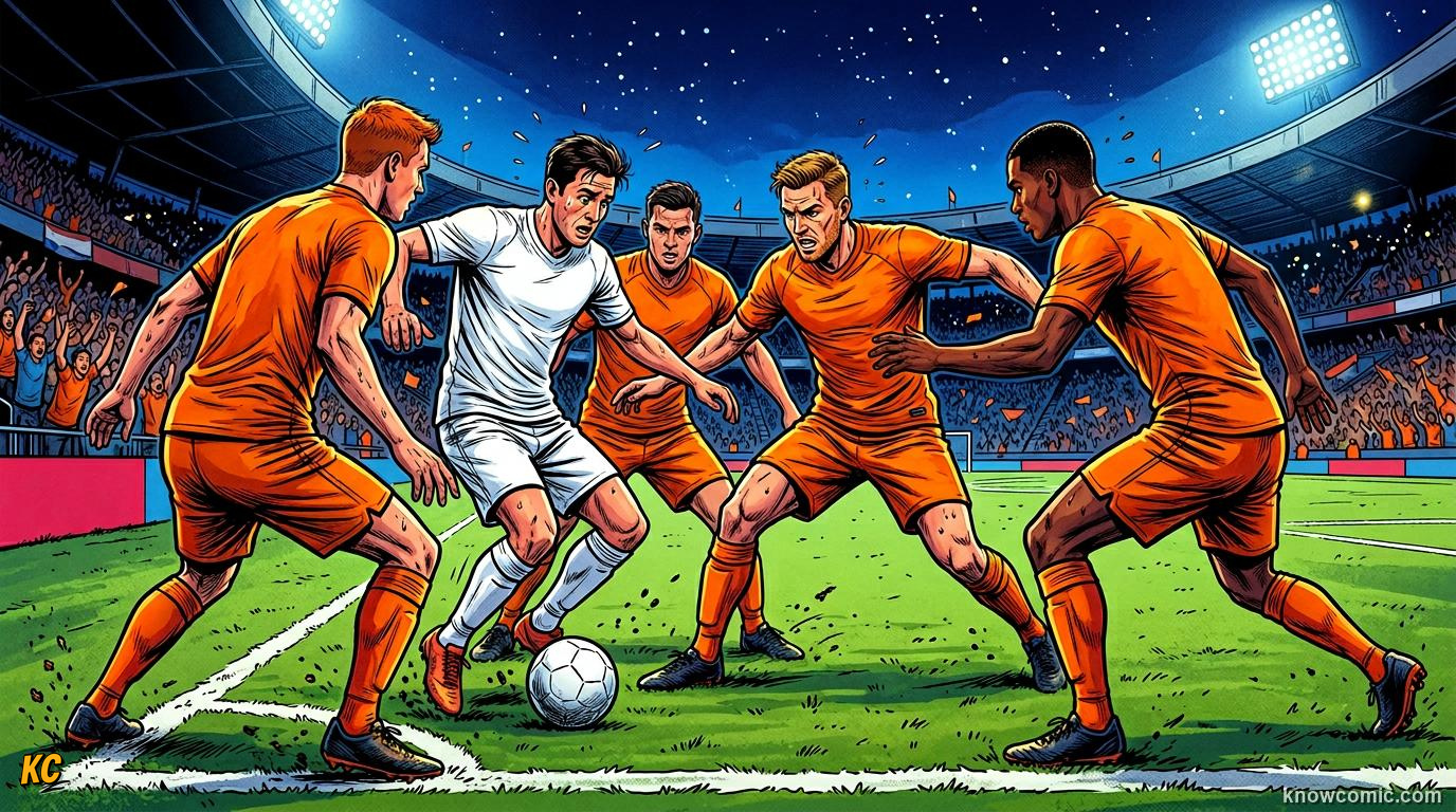 Comic panel titled pressing traps close the doors, labelled set the trap, from the KnowComic World Cup 2026 lesson on pressing: hunting in packs